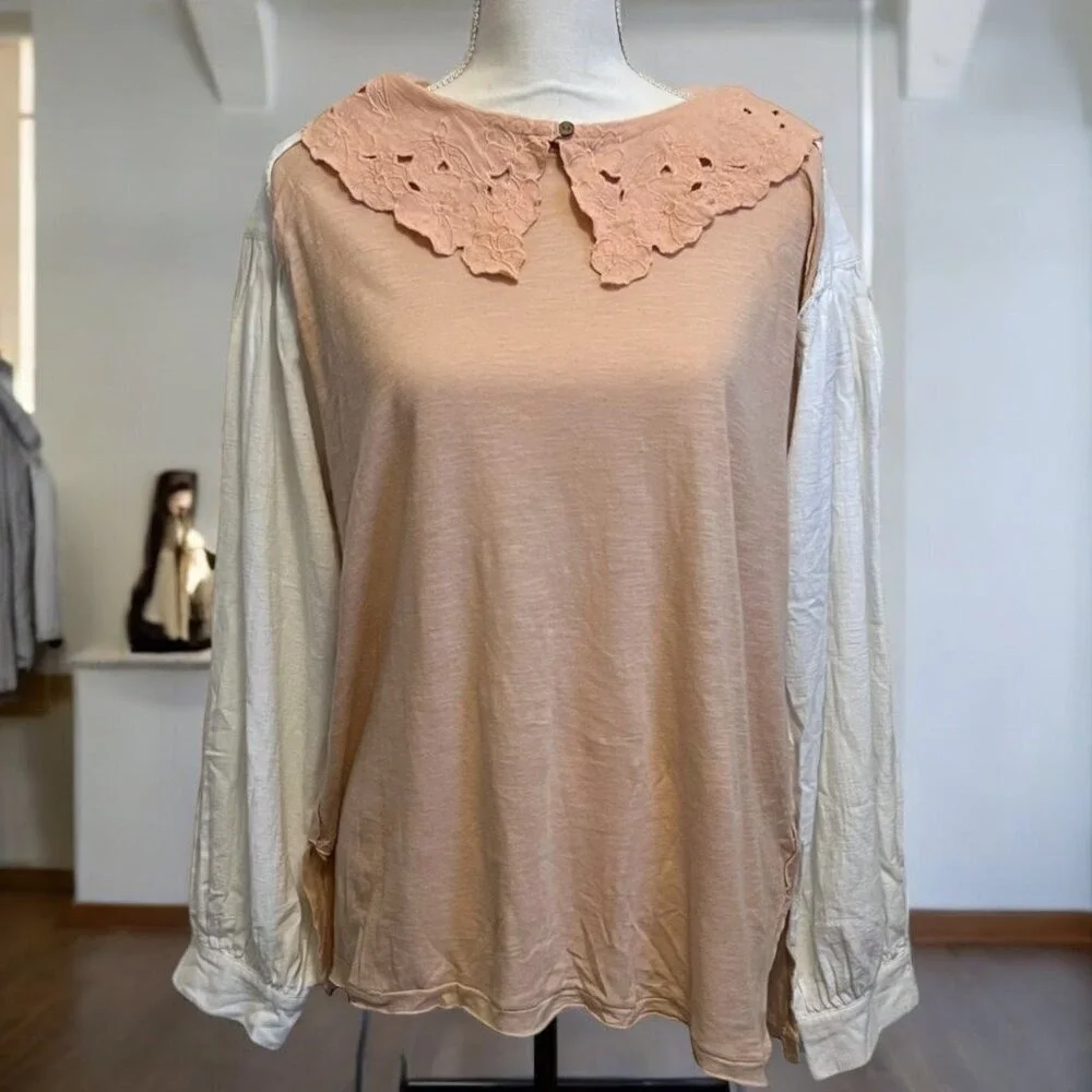 Free People Contrast Sleeve Lace Collar Tunic Top Pink White Cotton Blend Size M